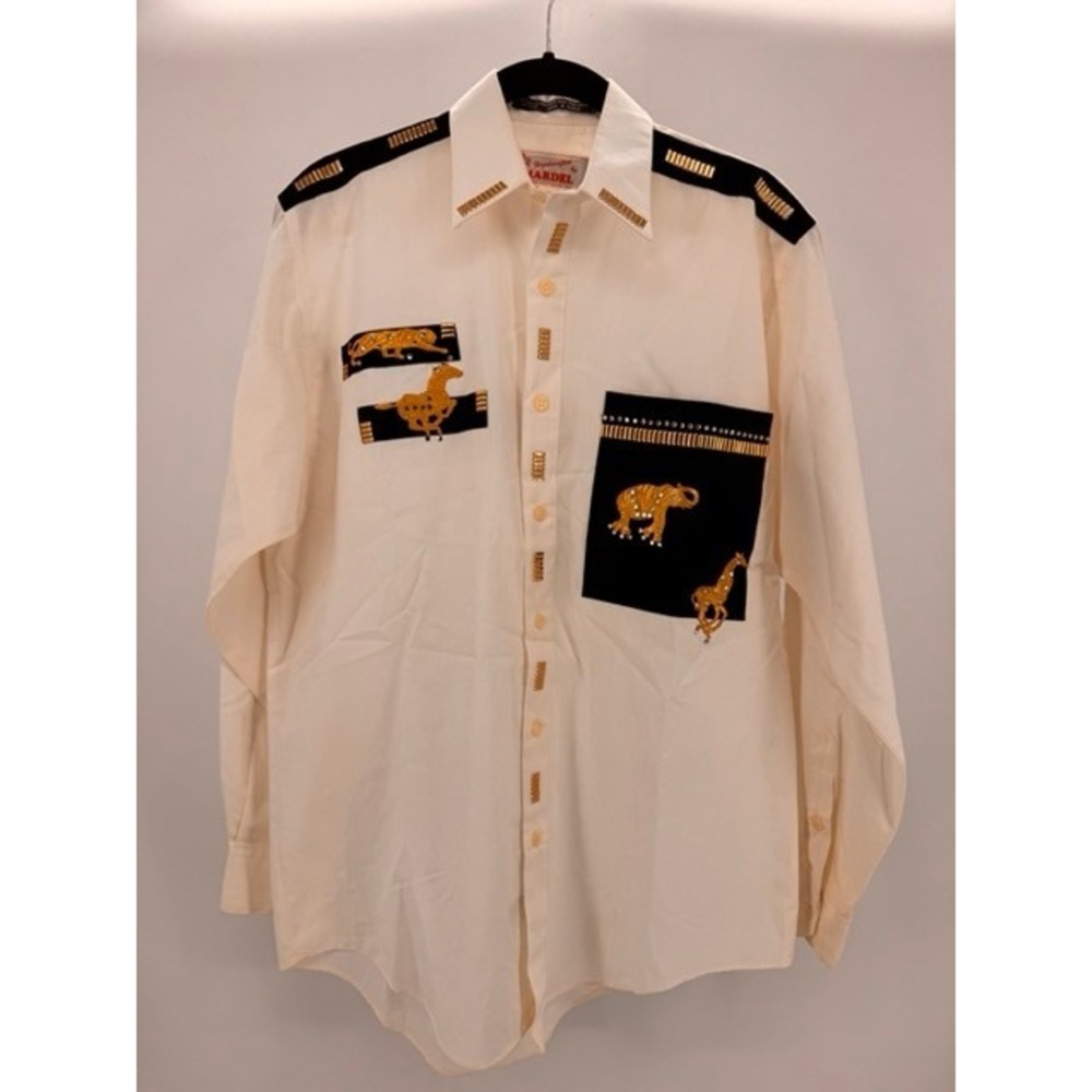 Vintage Mardel White Gold Black Safari Embellished Button Down Shirt SMALL Glam